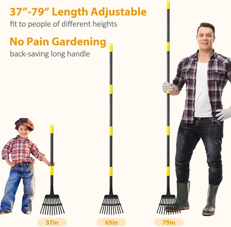Feblomst Rake for Leaves, Leaf Garden Rake, Yard Rakes for Lawns Heavy Duty, Metal Tools with 9" Small Narrow Head, 37”-79” Adjustable Long Handle, 11 Steel Tines, Quick Clean up Tool for Shrub, Camping - Image 5
